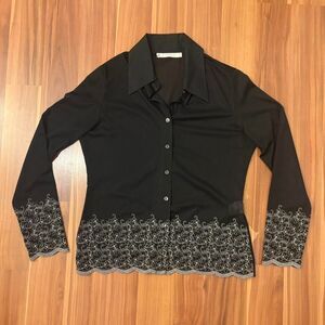 rayure paris chic sheer black button up with delicate white floral embroidery